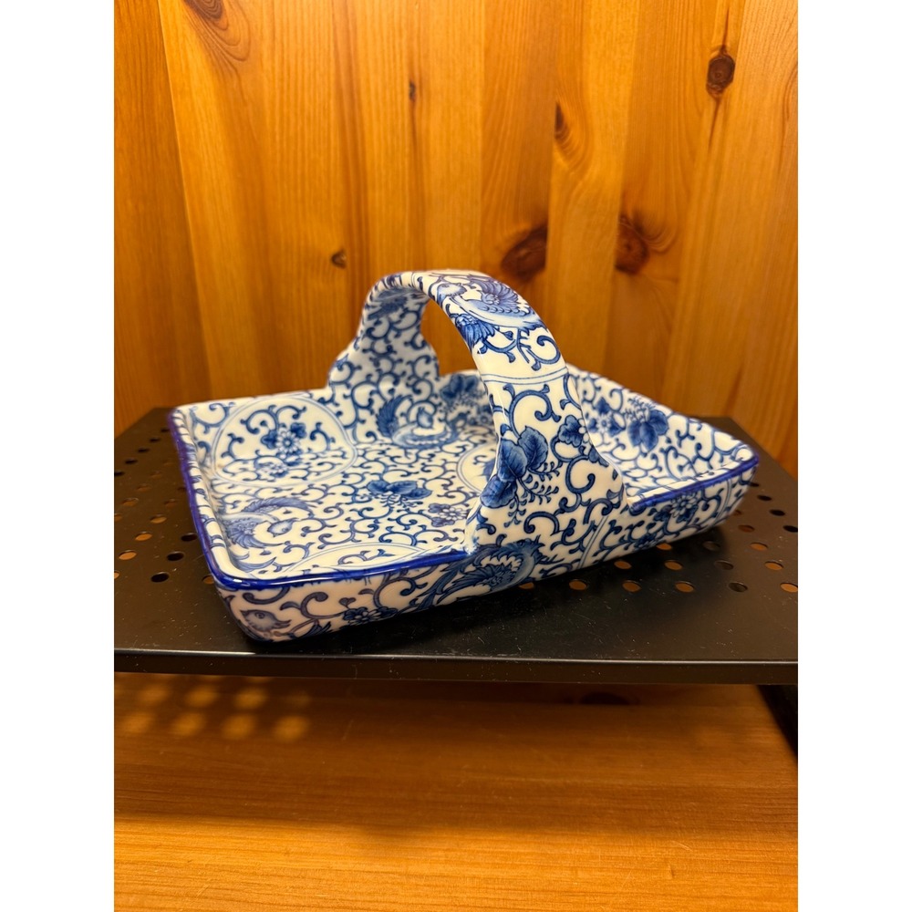 Blue White Chinoiserie Ceramic Basket Tray Floral Bird Design 8.5" Decorative